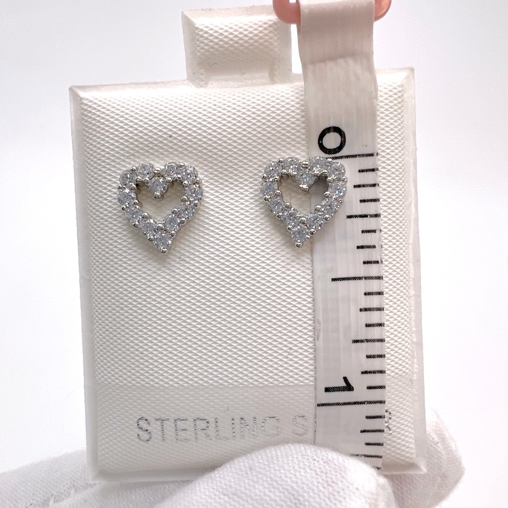 .925 Sterling Silver Open Heart Clear Cz Earrings - Picture 9 of 14